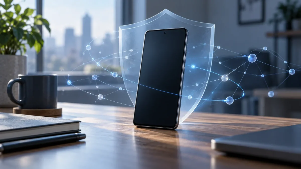 Smartphone générique devant un bouclier symbolisant la sécurité des connexions