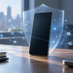 Smartphone générique devant un bouclier symbolisant la sécurité des connexions