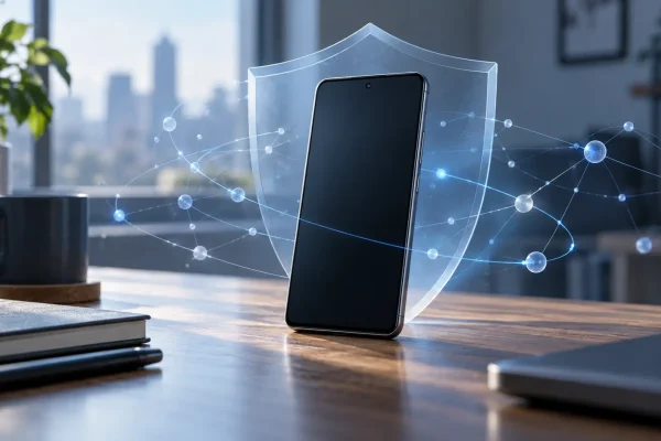 Smartphone générique devant un bouclier symbolisant la sécurité des connexions
