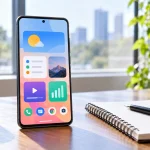 Téléphone Android et icônes de fonctions sur un fond clair