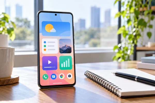 Téléphone Android et icônes de fonctions sur un fond clair