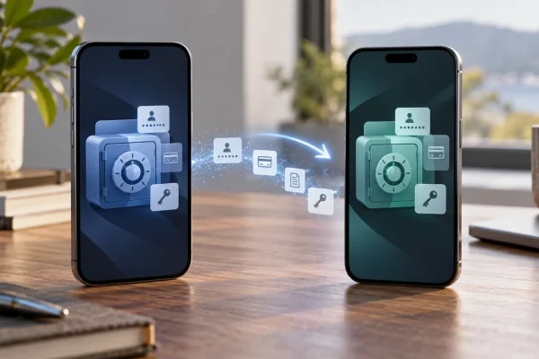 Deux téléphones illustrant le transfert de mots de passe entre applications