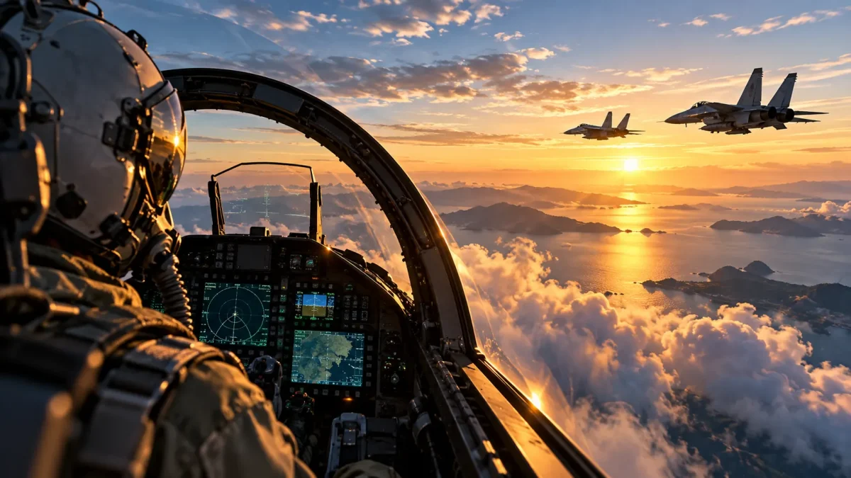 Cockpit et avions au-dessus de la mer, scène de combat aérien