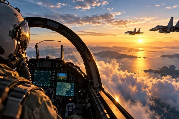 Cockpit et avions au-dessus de la mer, scène de combat aérien
