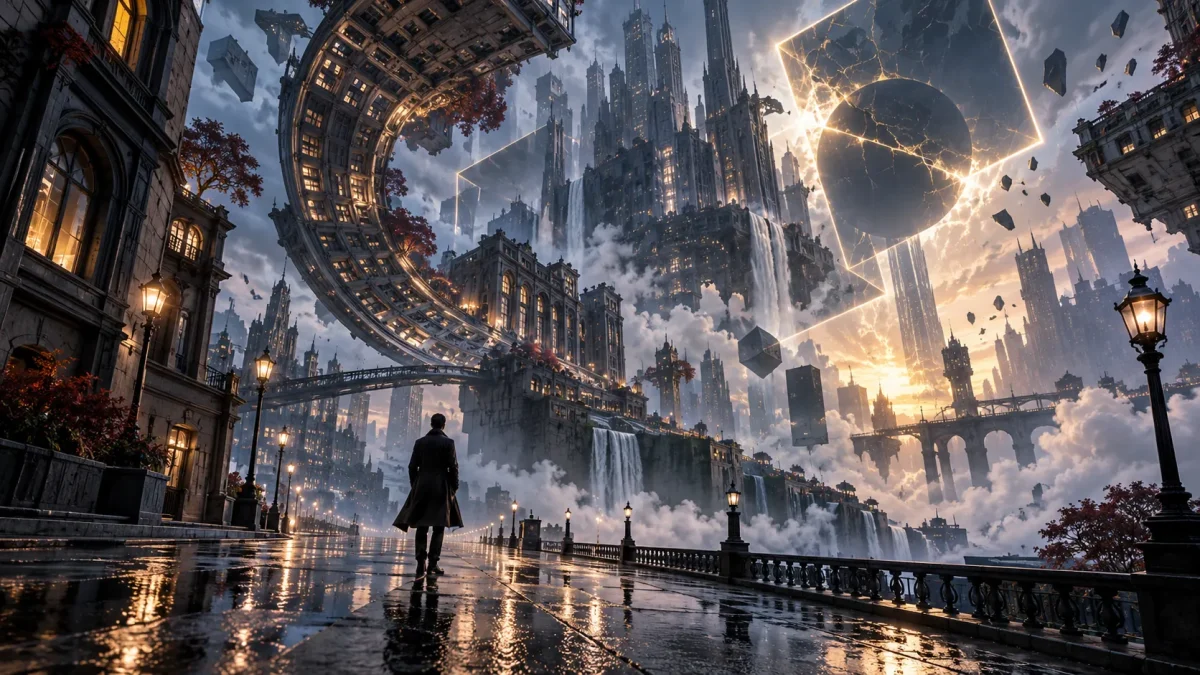 Ville fantastique déformée par des anomalies, illustration éditoriale