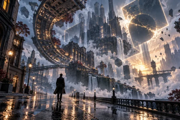 Ville fantastique déformée par des anomalies, illustration éditoriale