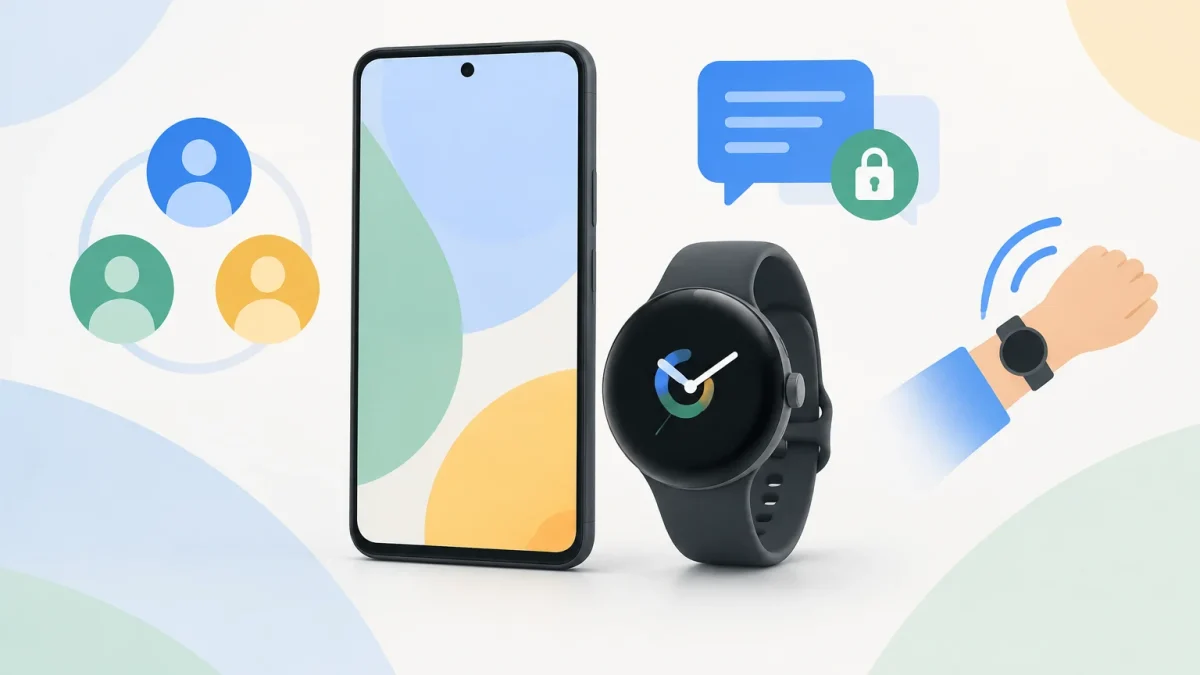 Illustration d’un smartphone Pixel et d’une montre connectée représentant les nouveautés du Pixel Drop de septembre 2026.