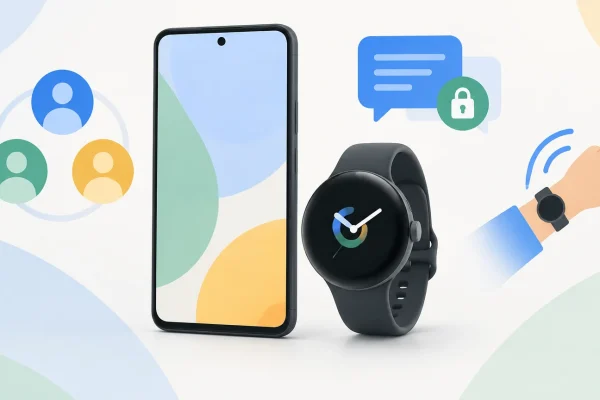 Illustration d’un smartphone Pixel et d’une montre connectée représentant les nouveautés du Pixel Drop de septembre 2026.