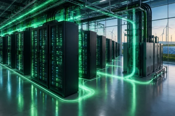 Illustration d’un centre de données répartissant dynamiquement l’électricité entre plusieurs baies de calcul dédiées à l’IA.