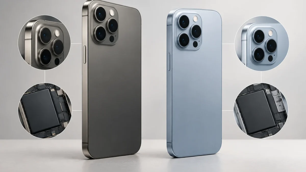 Comparaison visuelle de deux générations de smartphones Pro mettant en avant les appareils photo, l’autonomie et le changement de matériaux.