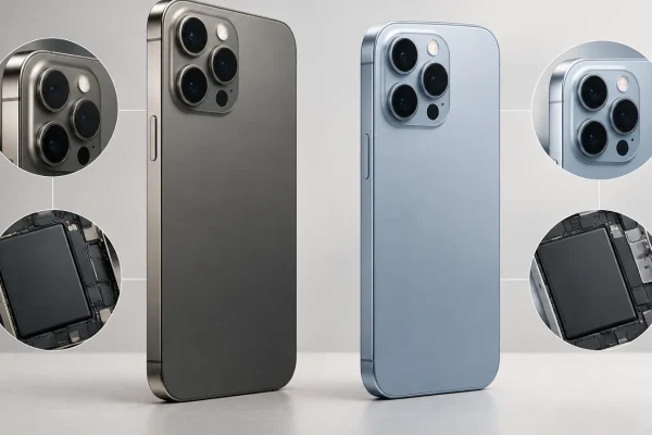 Comparaison visuelle de deux générations de smartphones Pro mettant en avant les appareils photo, l’autonomie et le changement de matériaux.
