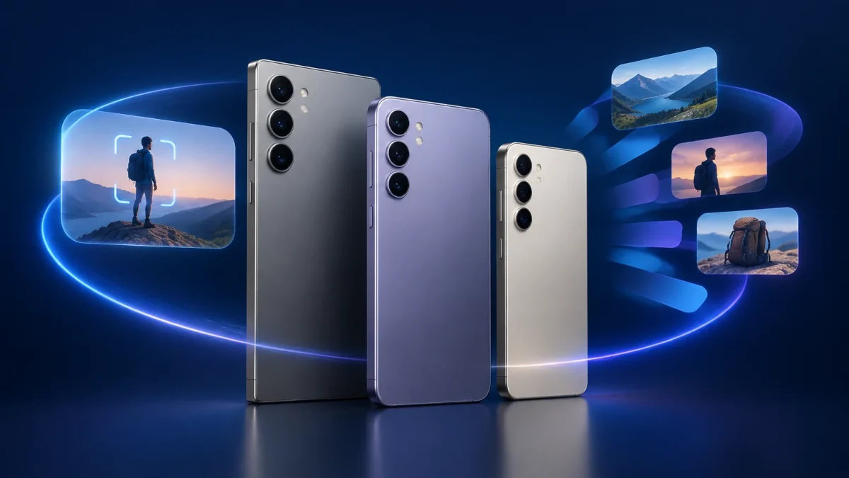 Trois smartphones Galaxy S24 accompagnés de motifs lumineux symbolisant les fonctions d’intelligence artificielle de One UI 9.