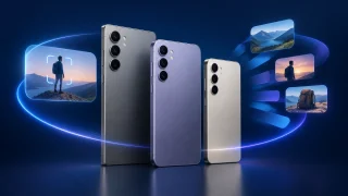 Trois smartphones Galaxy S24 accompagnés de motifs lumineux symbolisant les fonctions d’intelligence artificielle de One UI 9.