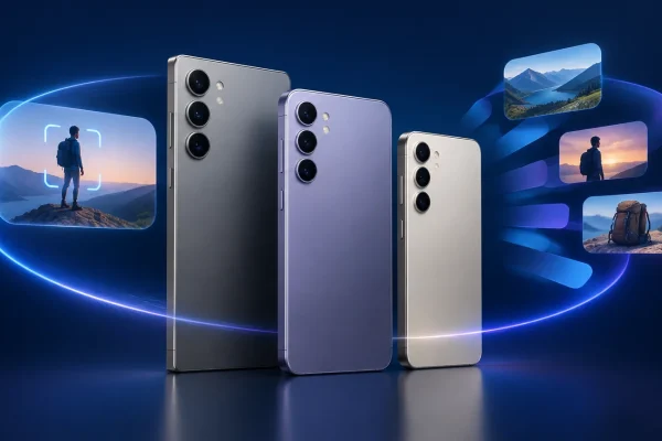 Trois smartphones Galaxy S24 accompagnés de motifs lumineux symbolisant les fonctions d’intelligence artificielle de One UI 9.