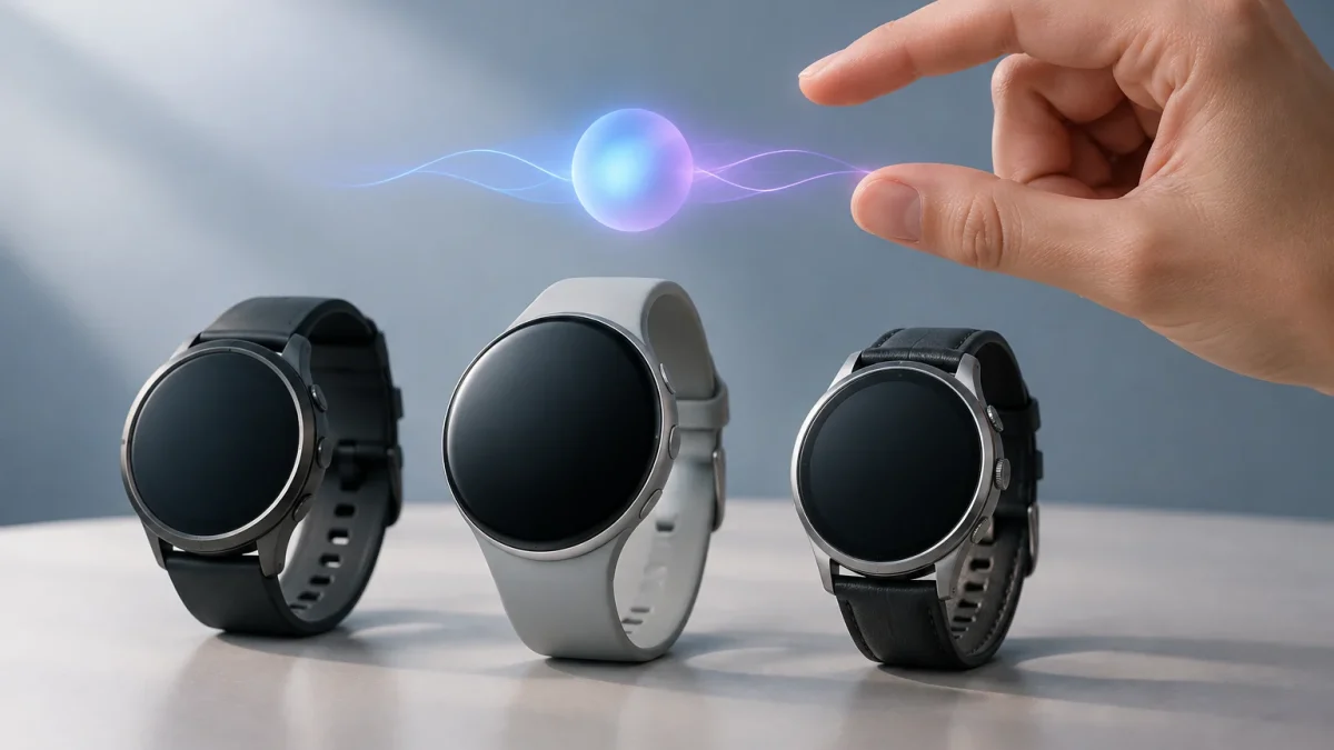 Trois montres connectées accompagnées d’un geste de pincement illustrant une mise à jour de Gemini et des commandes gestuelles.