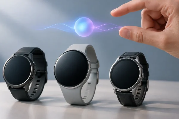 Trois montres connectées accompagnées d’un geste de pincement illustrant une mise à jour de Gemini et des commandes gestuelles.