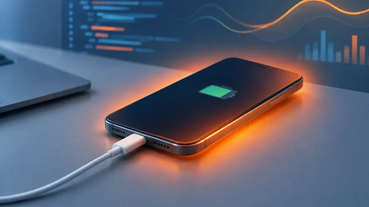 Un smartphone connecté à un chargeur avec une légère lueur évoquant la chauffe après une mise à jour.
