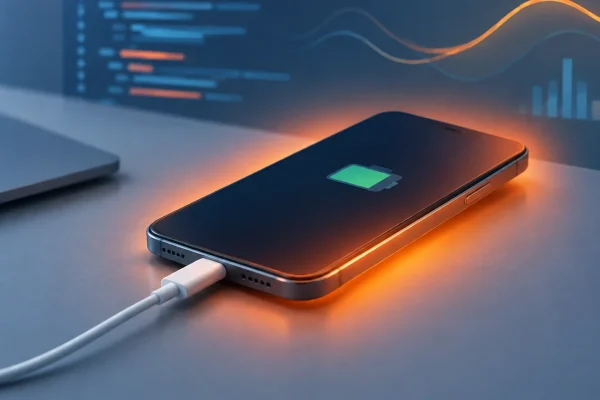 Un smartphone connecté à un chargeur avec une légère lueur évoquant la chauffe après une mise à jour.