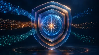 Trois flux de données tentent d’atteindre un modèle d’intelligence artificielle protégé par plusieurs couches de sécurité.