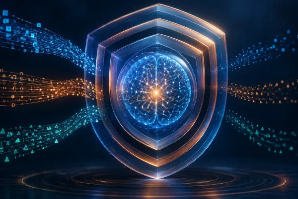 Trois flux de données tentent d’atteindre un modèle d’intelligence artificielle protégé par plusieurs couches de sécurité.