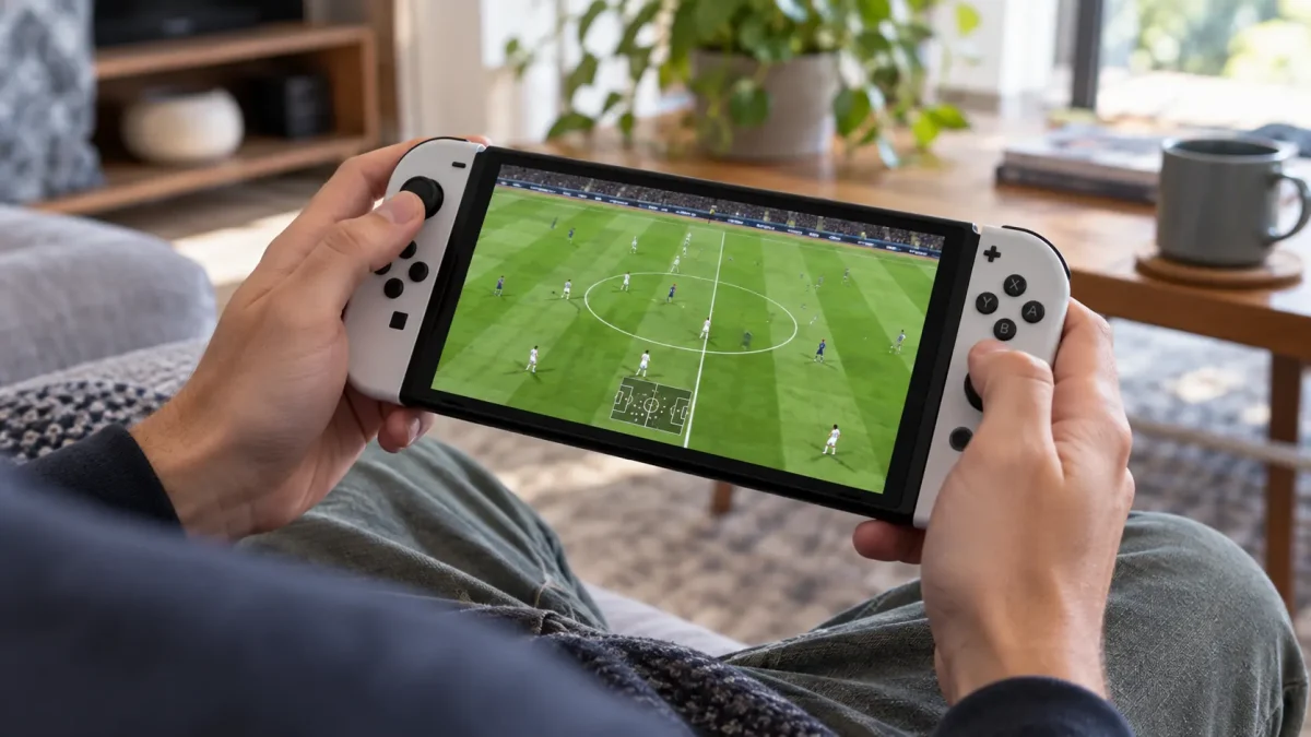 Manette de jeu et ballon de football devant un écran, visuel thématique