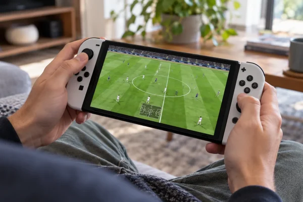 Manette de jeu et ballon de football devant un écran, visuel thématique