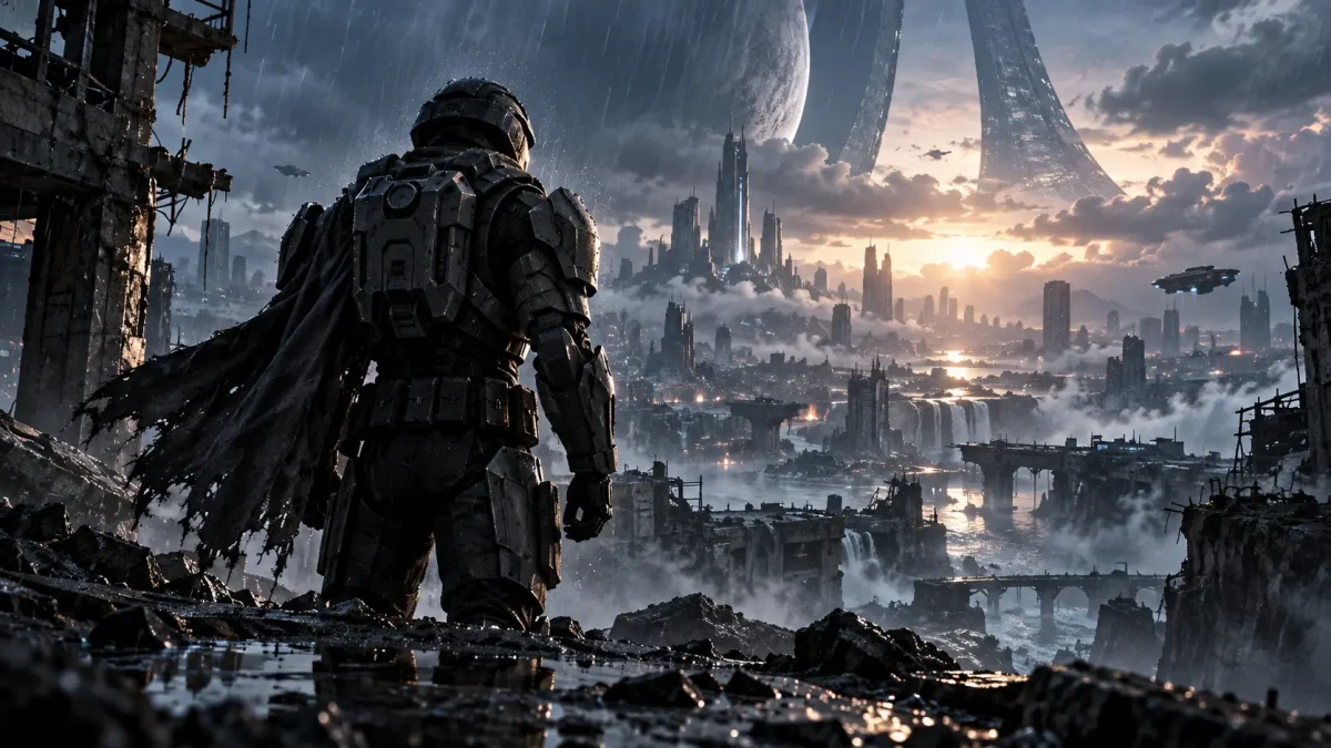 Personnage en armure dans une ville futuriste