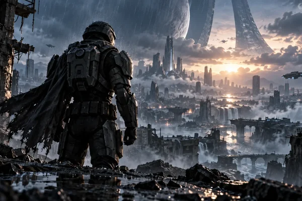 Personnage en armure dans une ville futuriste