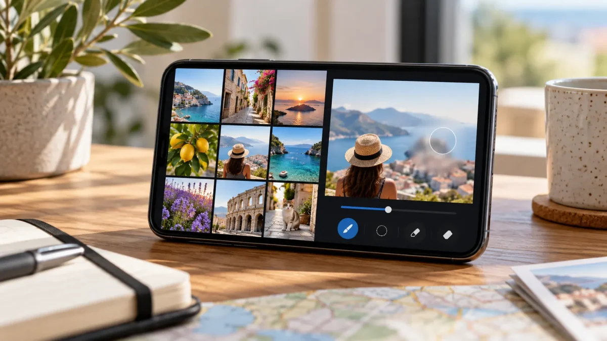 Téléphone affichant une photothèque et un outil de retouche