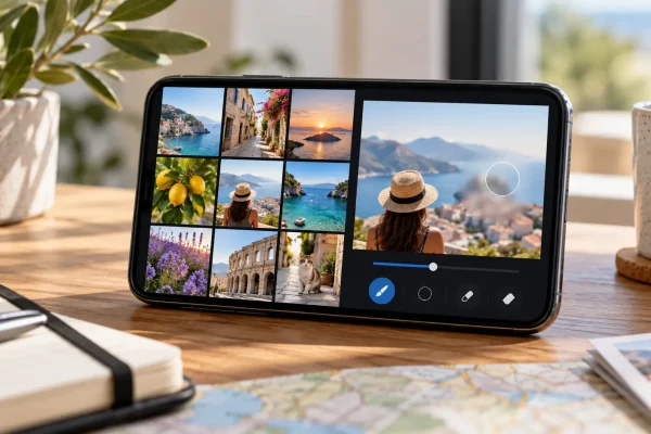 Téléphone affichant une photothèque et un outil de retouche