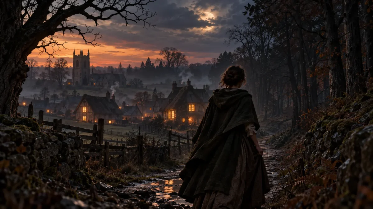 Village historique au crépuscule et femme avançant vers la forêt