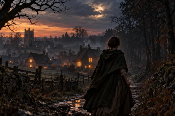 Village historique au crépuscule et femme avançant vers la forêt