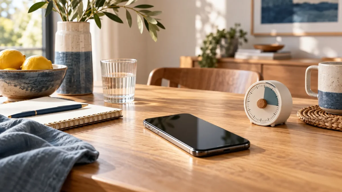 Smartphone et minuteur sur une table familiale, illustration éditoriale