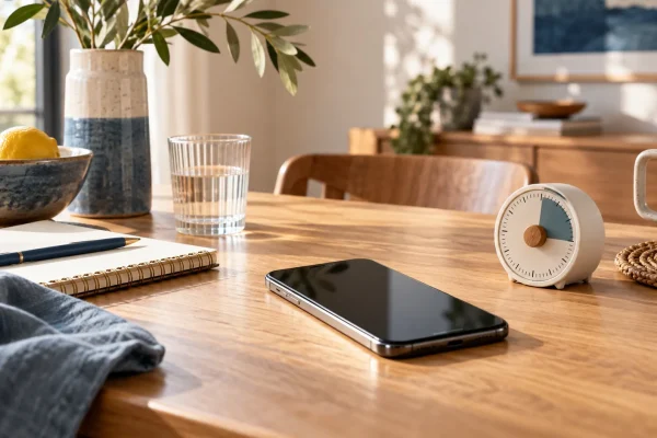 Smartphone et minuteur sur une table familiale, illustration éditoriale