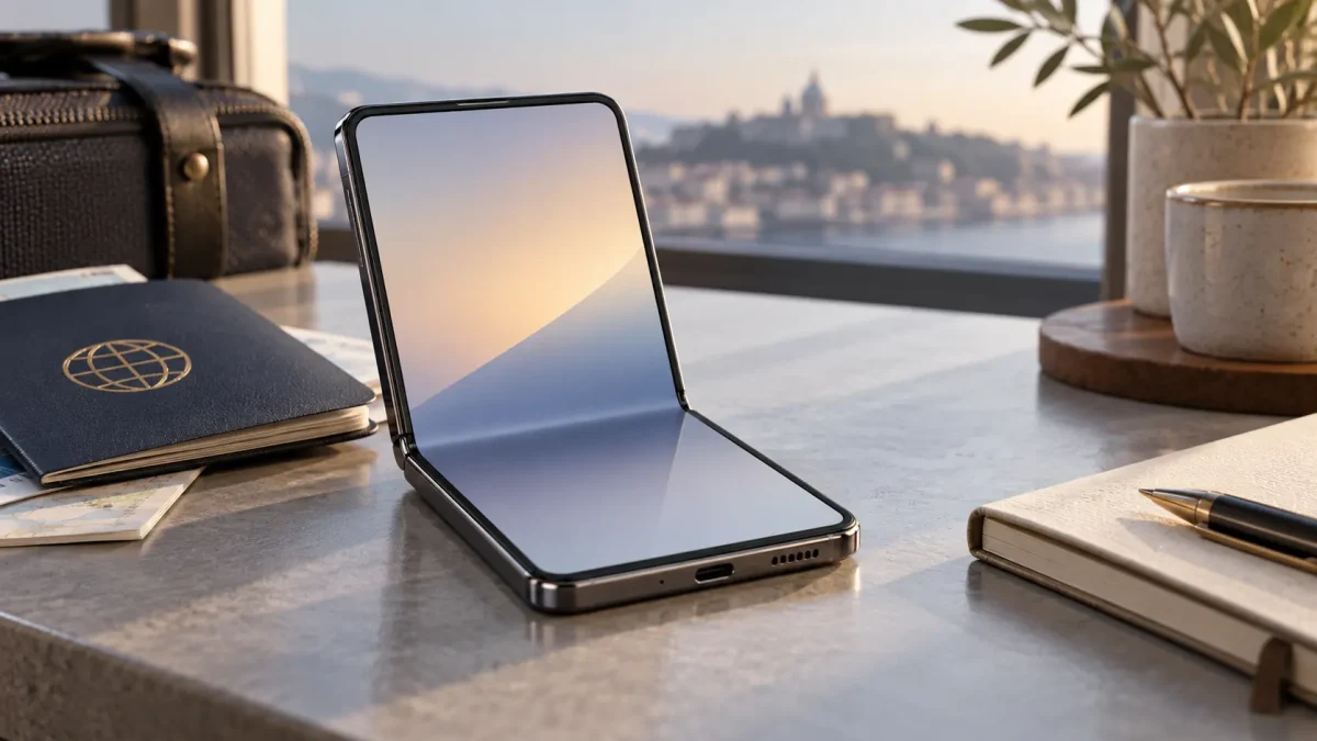 Téléphone pliable ouvert sur une table, composition éditoriale