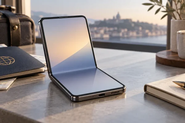 Téléphone pliable ouvert sur une table, composition éditoriale