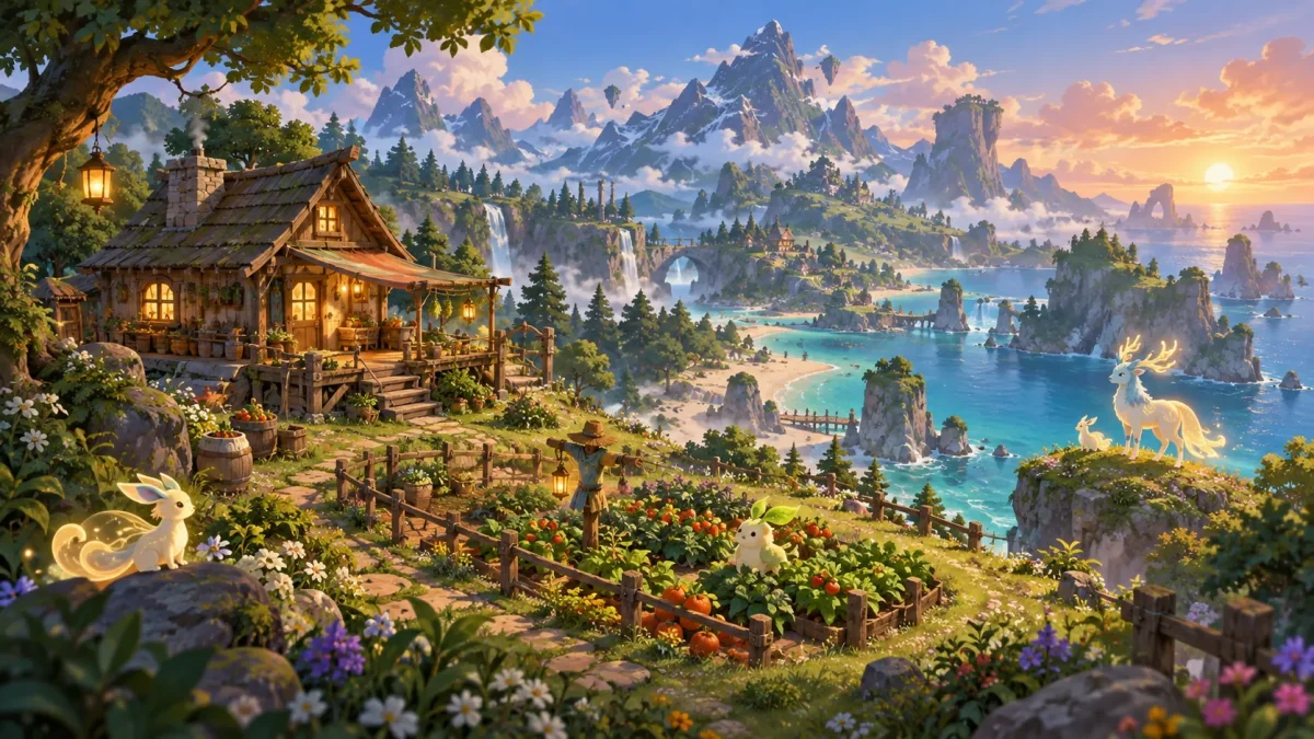 Île imaginaire avec une petite ferme et des paysages à explorer, illustration éditoriale