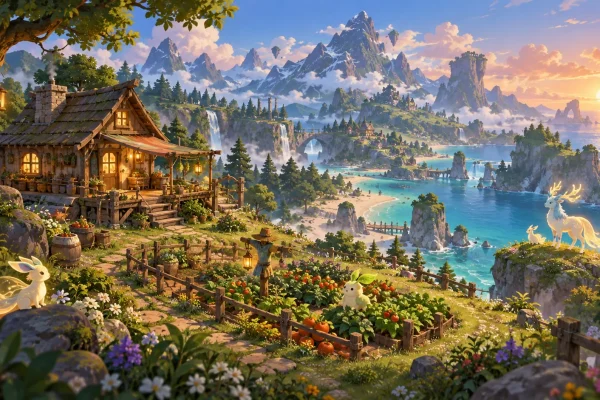 Île imaginaire avec une petite ferme et des paysages à explorer, illustration éditoriale