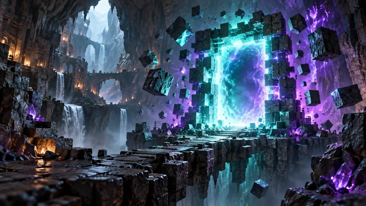 Caverne fantastique et portail lumineux dans un univers de blocs