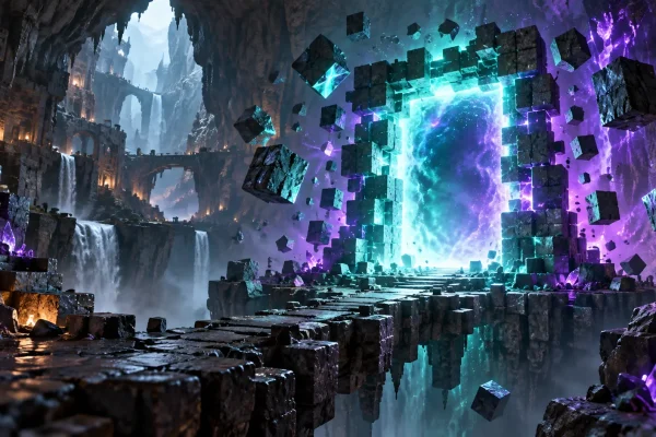 Caverne fantastique et portail lumineux dans un univers de blocs