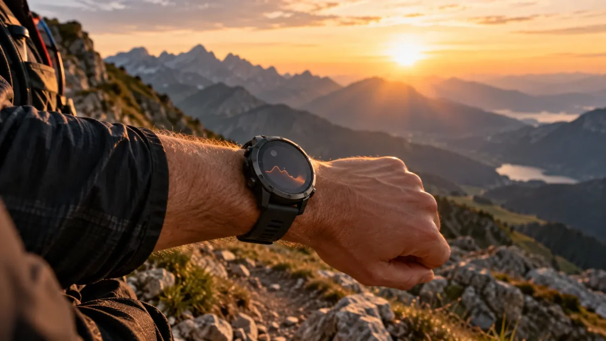 Montre de sport au poignet d’un randonneur en montagne
