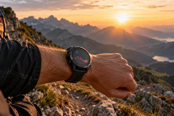 Montre de sport au poignet d’un randonneur en montagne