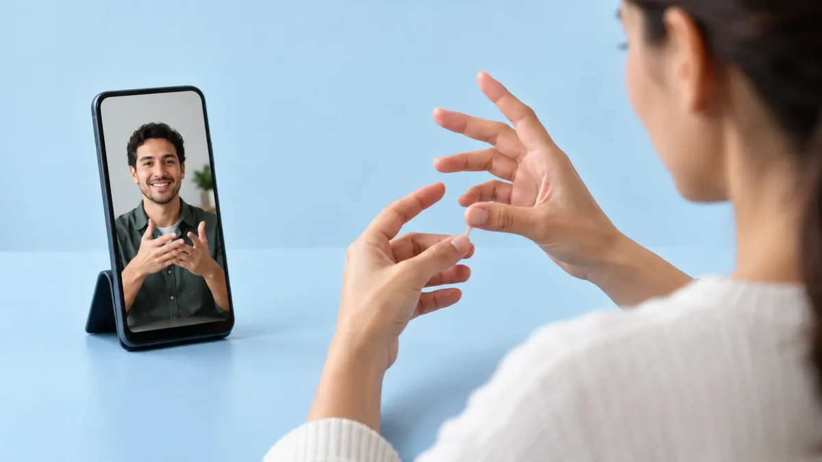 Communication gestuelle devant un smartphone, illustration éditoriale