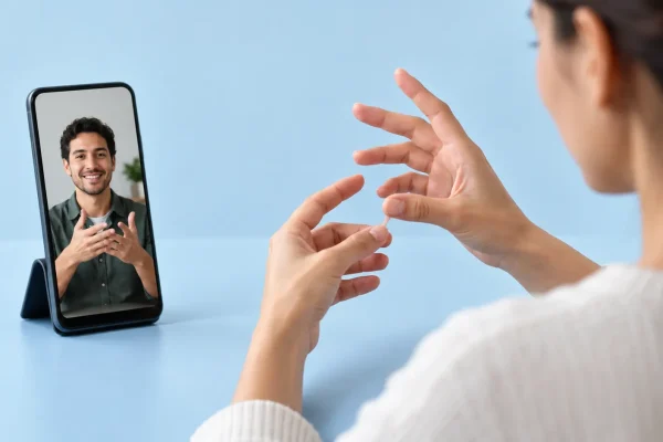 Communication gestuelle devant un smartphone, illustration éditoriale