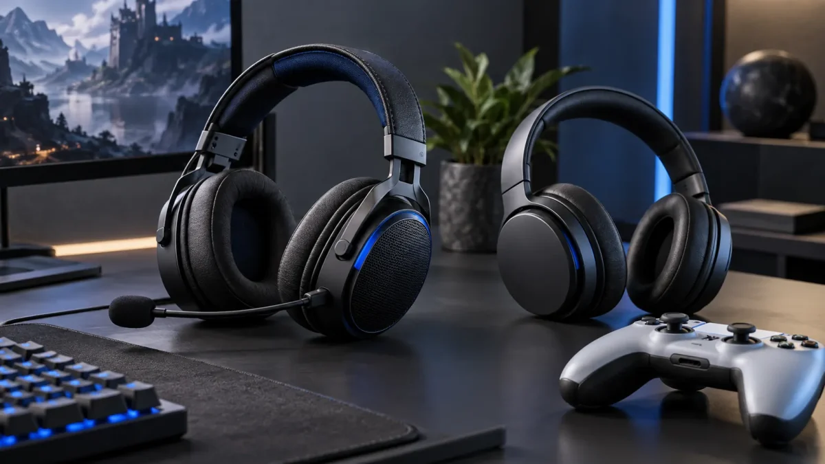 Deux casques audio sur un bureau de joueur, illustration éditoriale
