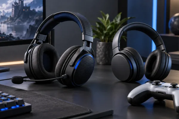 Deux casques audio sur un bureau de joueur, illustration éditoriale