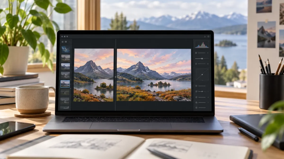 Retouche d’une photographie sur un écran, visuel thématique