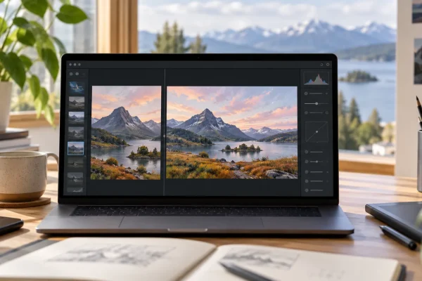Retouche d’une photographie sur un écran, visuel thématique