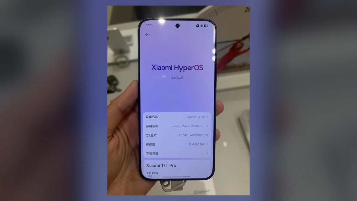 Photographie du Xiaomi 17T Pro tenu en main, écran HyperOS allumé