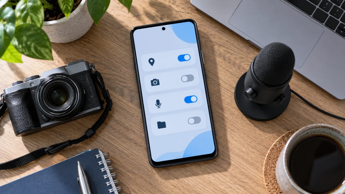 Téléphone illustrant les autorisations de caméra, de microphone et de localisation